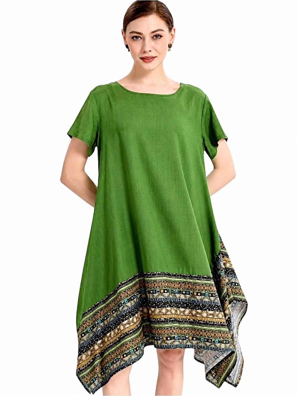 Minibee Green Linen Blend Asymmetrical Tunic Dress XL Boho Handkerchief Hem